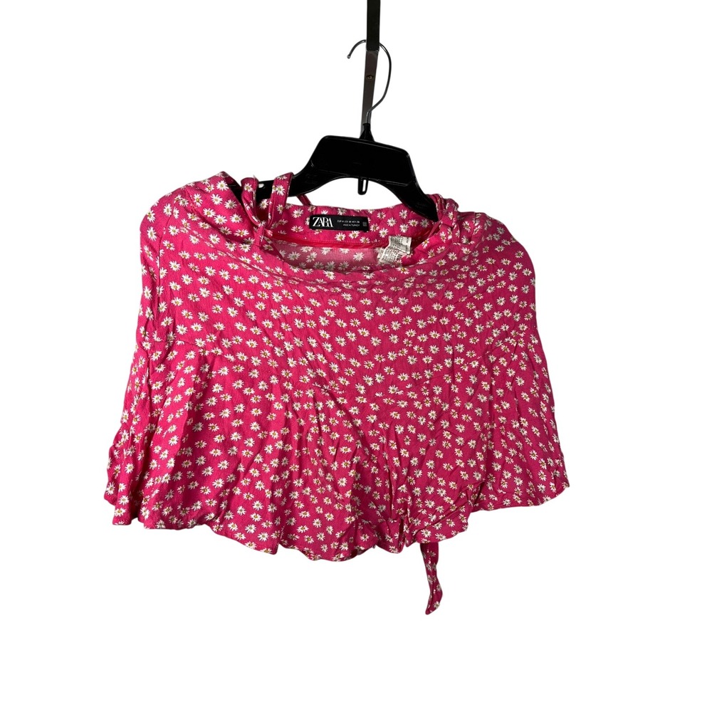 ZARA Pink Floral Daisy Print Halter Neck Cropped Top Size M